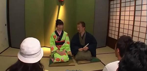  Asian bitch in a kimono sucking on his erect prick